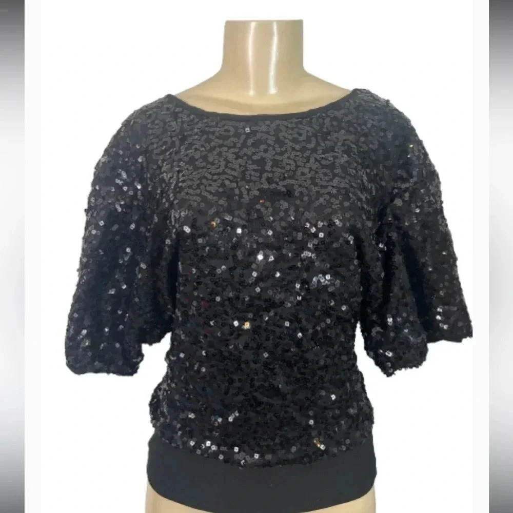 CATO BLACK SEQUIN TOP BATWING SLEEVE SCOOP NECK STRETCH SIZE LARGE